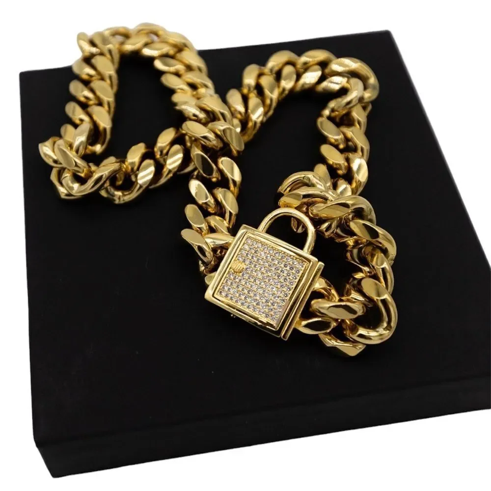 Dog Wide Cuban Link Stainless Pet Chain Gold Tone Collar Necklace Pet Accessory